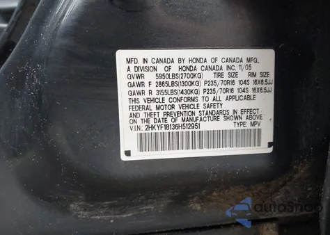 2006 Honda Pilot Lx from USA, damaged, VIN 2HKYF18136H512951
